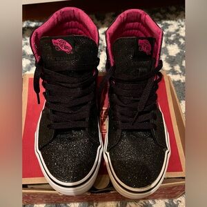 Vans Sk8-Hi Black Black Pink Glitter High Top Shoes Women's Size 6.5 Sneakers